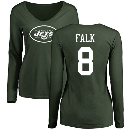New York Jets Green Women Luke Falk Name and Number Logo NFL Football #8 Long Sleeve T Shirt->nfl t-shirts->Sports Accessory
